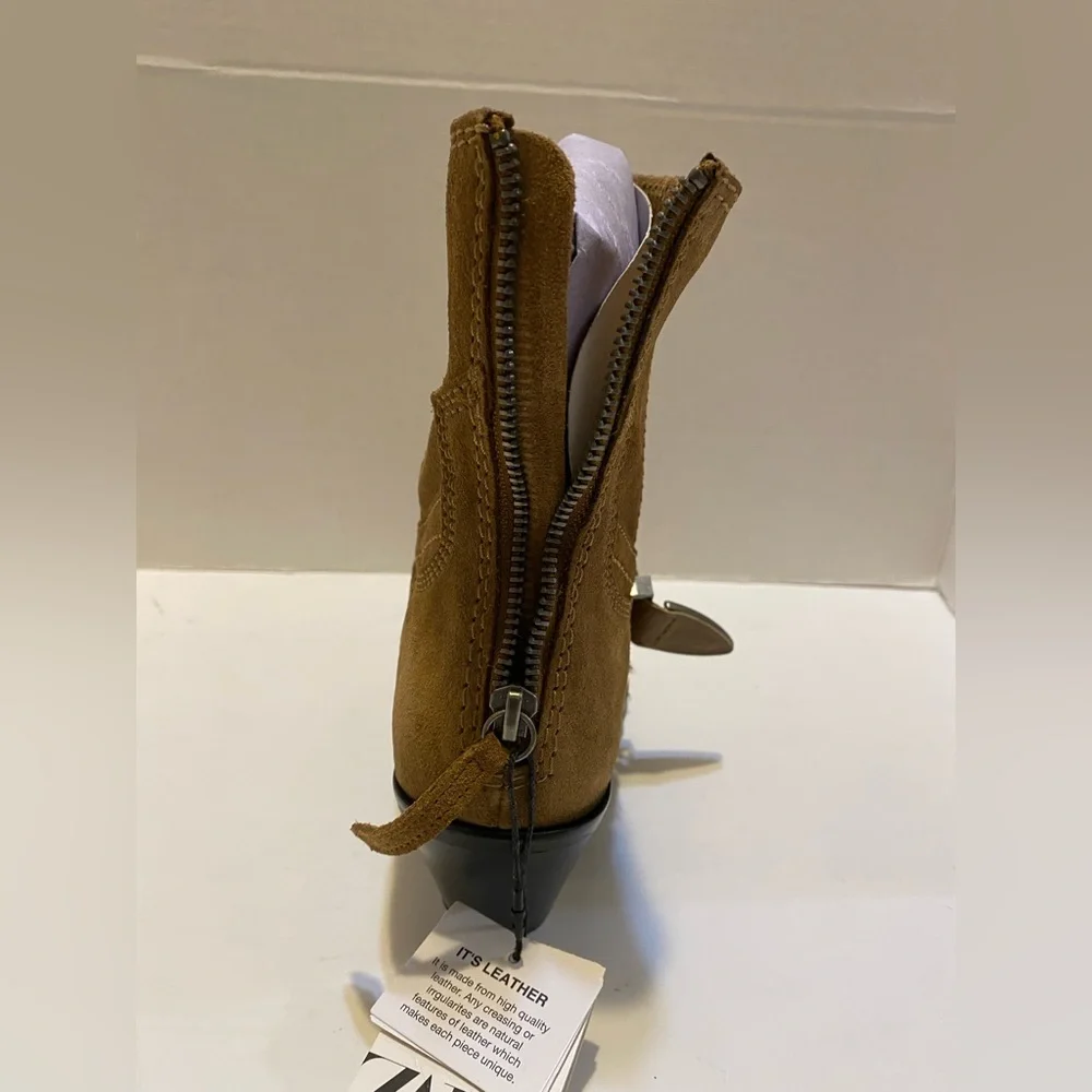 Zara Buckled Cowboy Suede Booties zipper Sz 7.5 - Picture 11 of 13